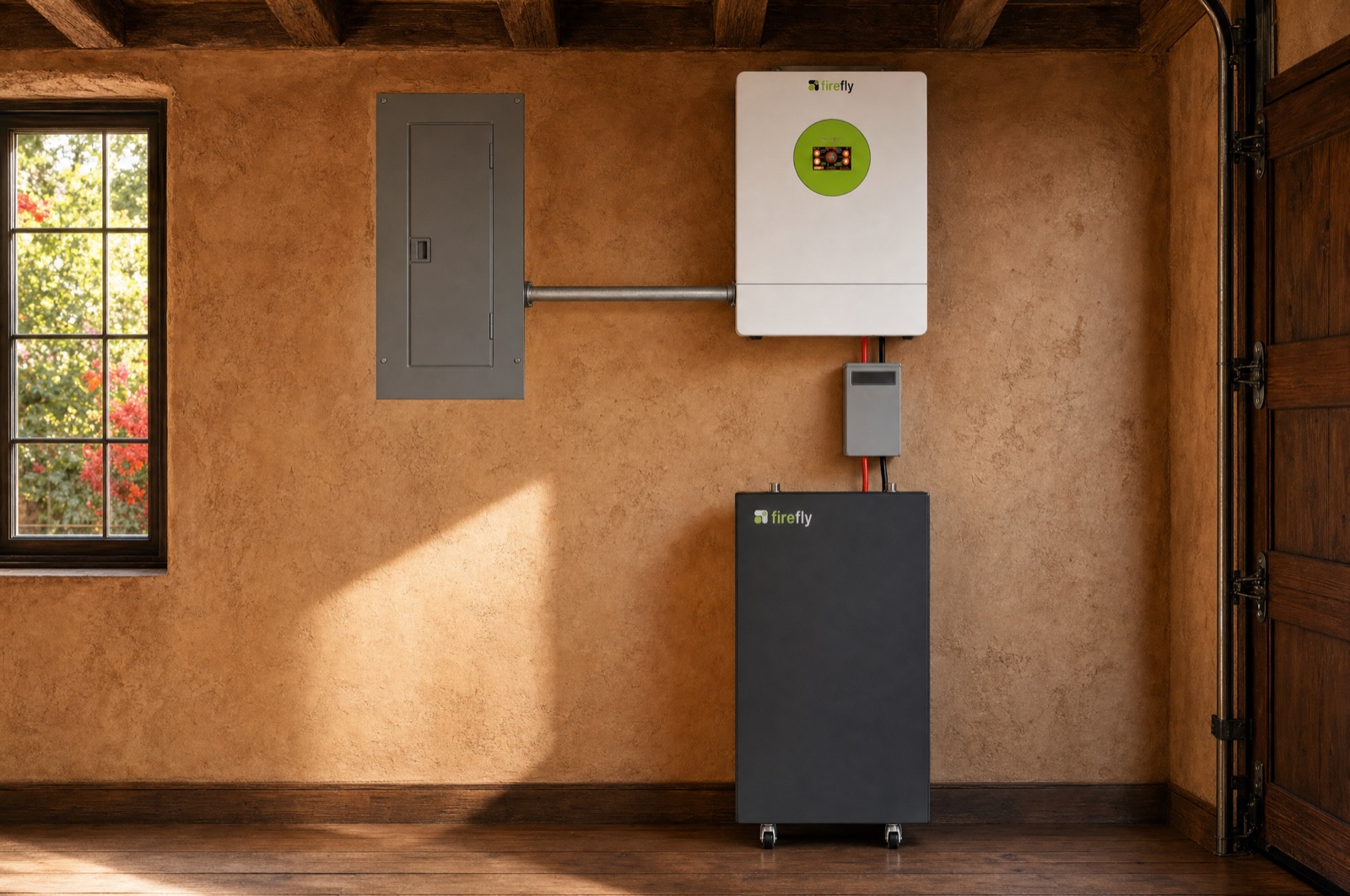 A Firefly system installed in a warm San Miguel home: a wall-mounted 12 kW inverter above a floor-standing 16 kWh battery, wired through a disconnect to the main electrical panel.