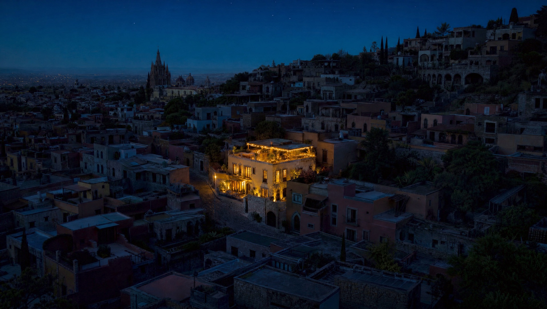 One San Miguel de Allende home glowing with power while the surrounding neighborhood sits dark during an outage at dusk